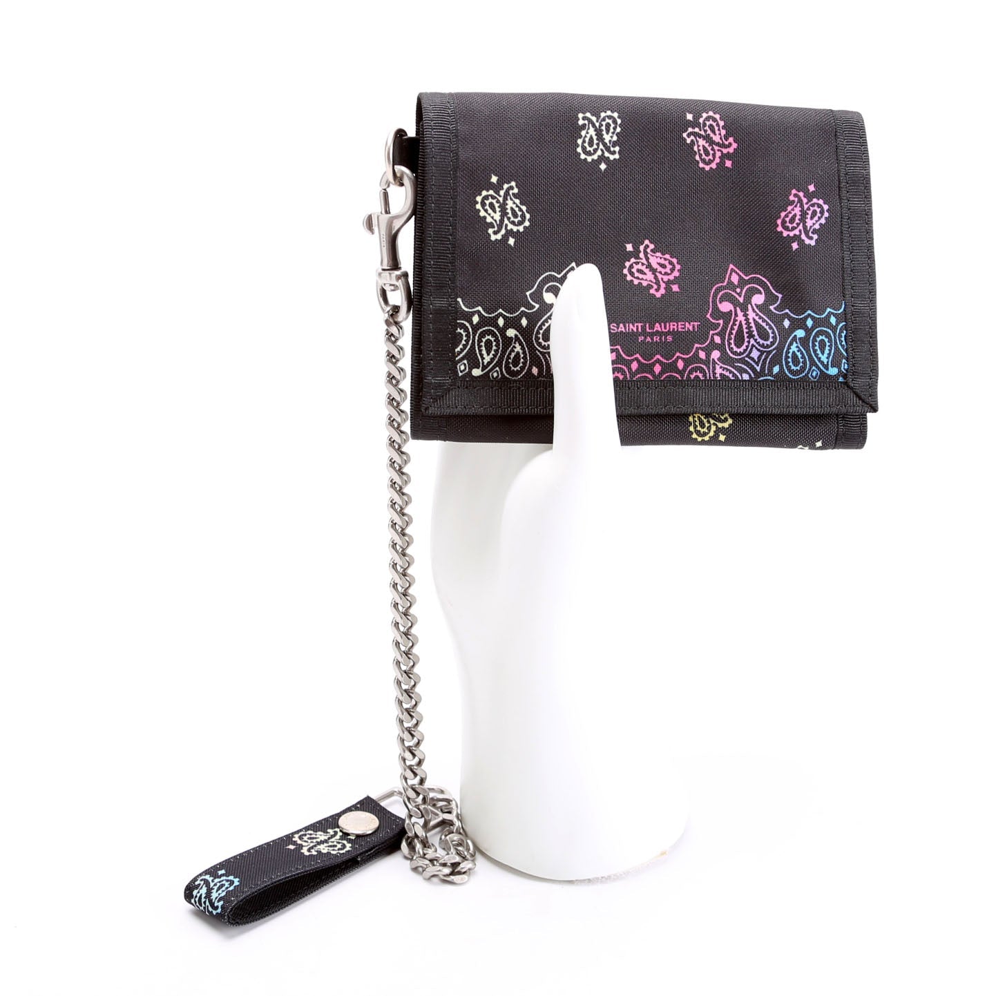SAINT LAURENT 556417 Bandana Print Nylon Chain Wallet Black/Multicolor