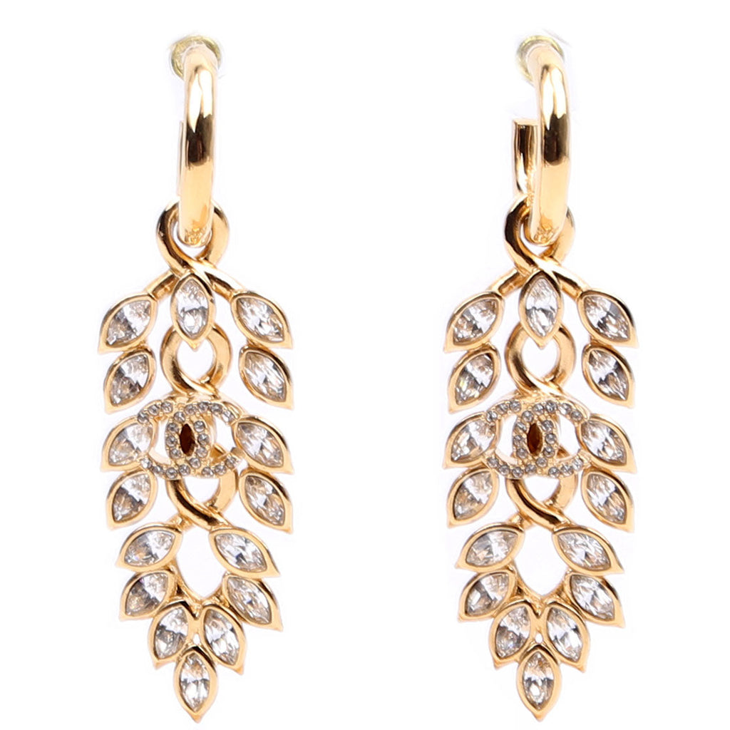 CC Crystal Leaf Drop Hoop Earrings Gold