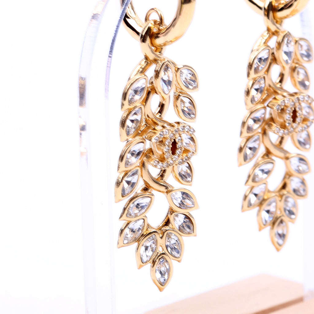 CC Crystal Leaf Drop Hoop Earrings Gold