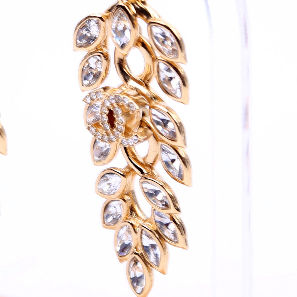 CC Crystal Leaf Drop Hoop Earrings Gold
