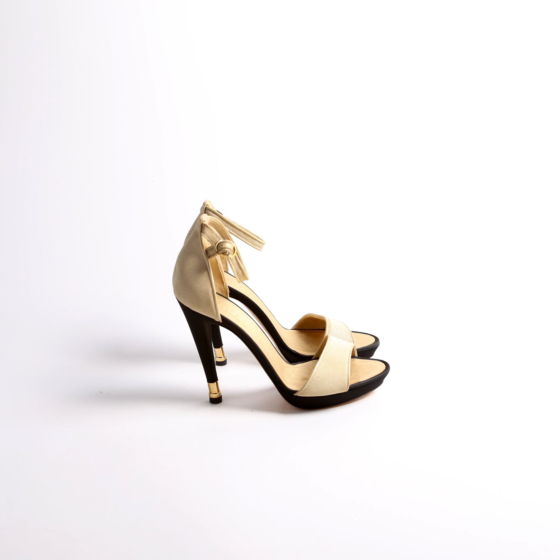 Fabric Ankle Strap Pumps Size 38 Gold/Black