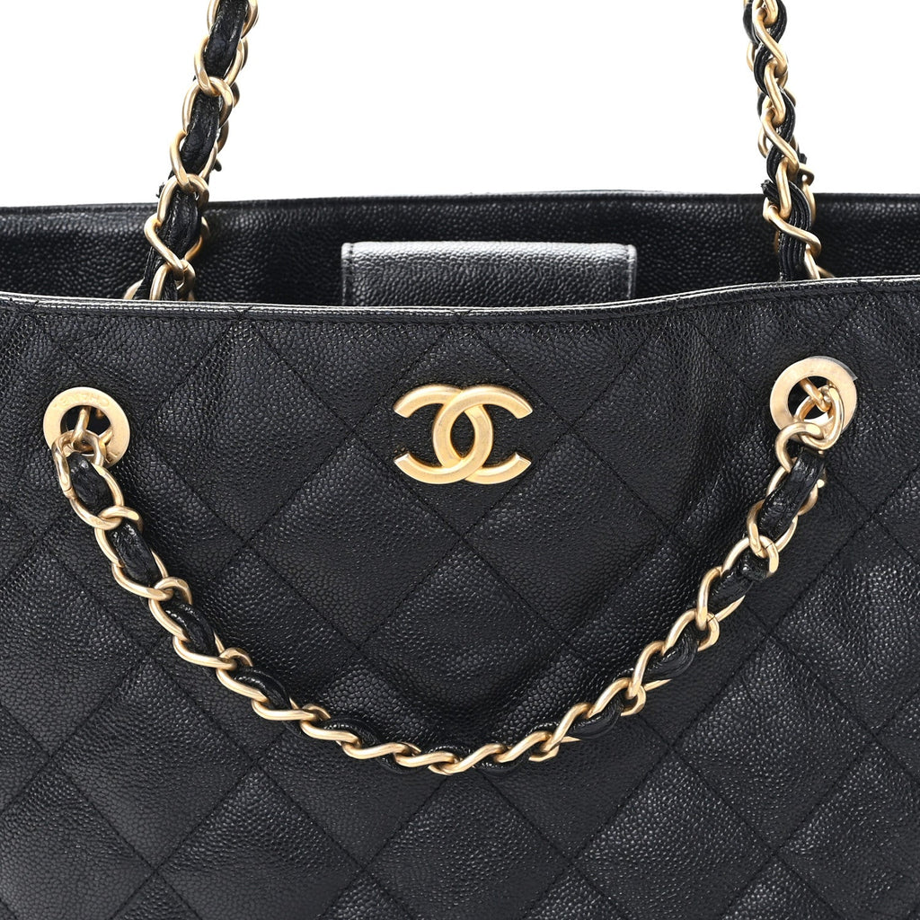 Chanel Caviar Quilted Small Trapezoid Chain Shopping Tote Black