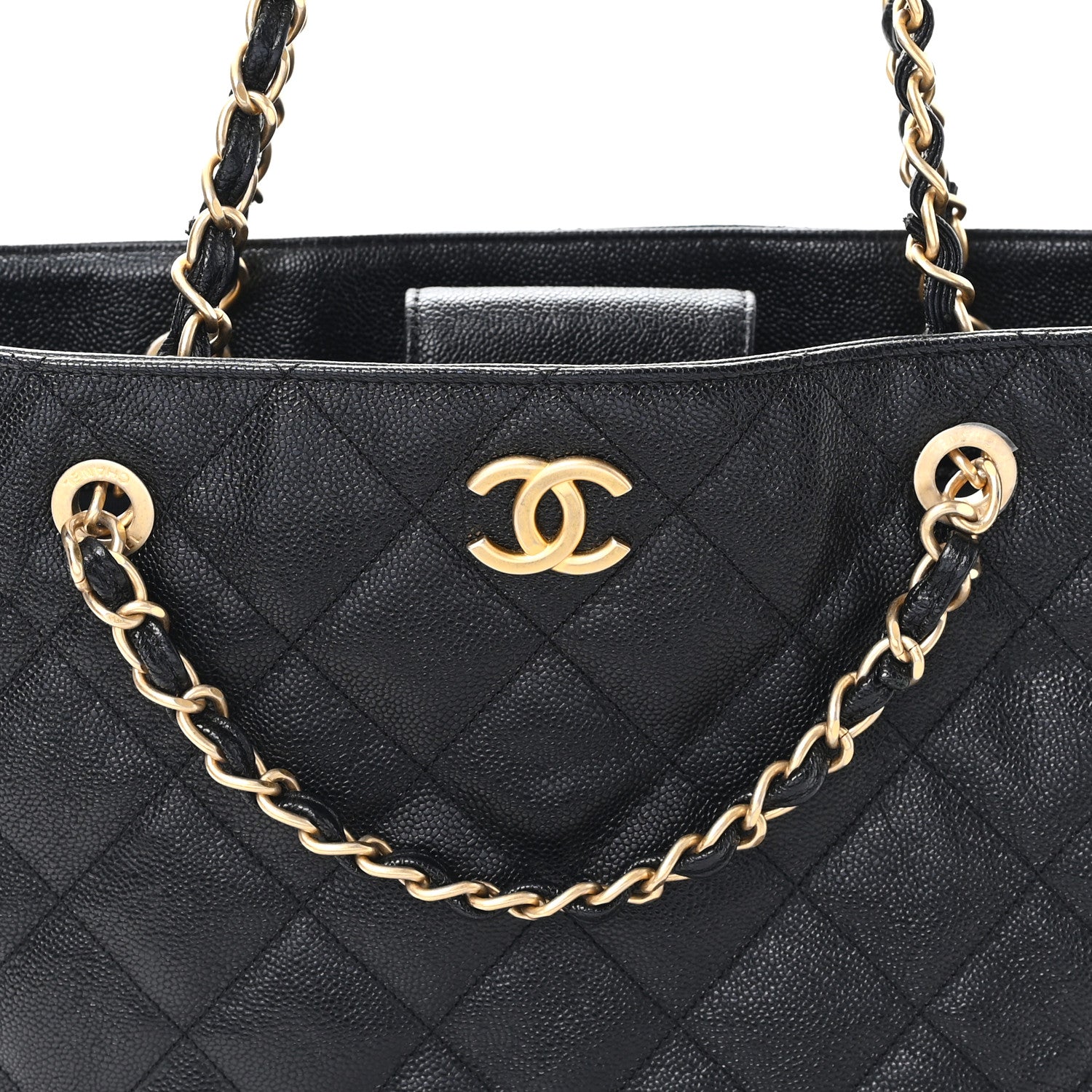Chanel Caviar Quilted Small Trapezoid Chain Shopping Tote Black