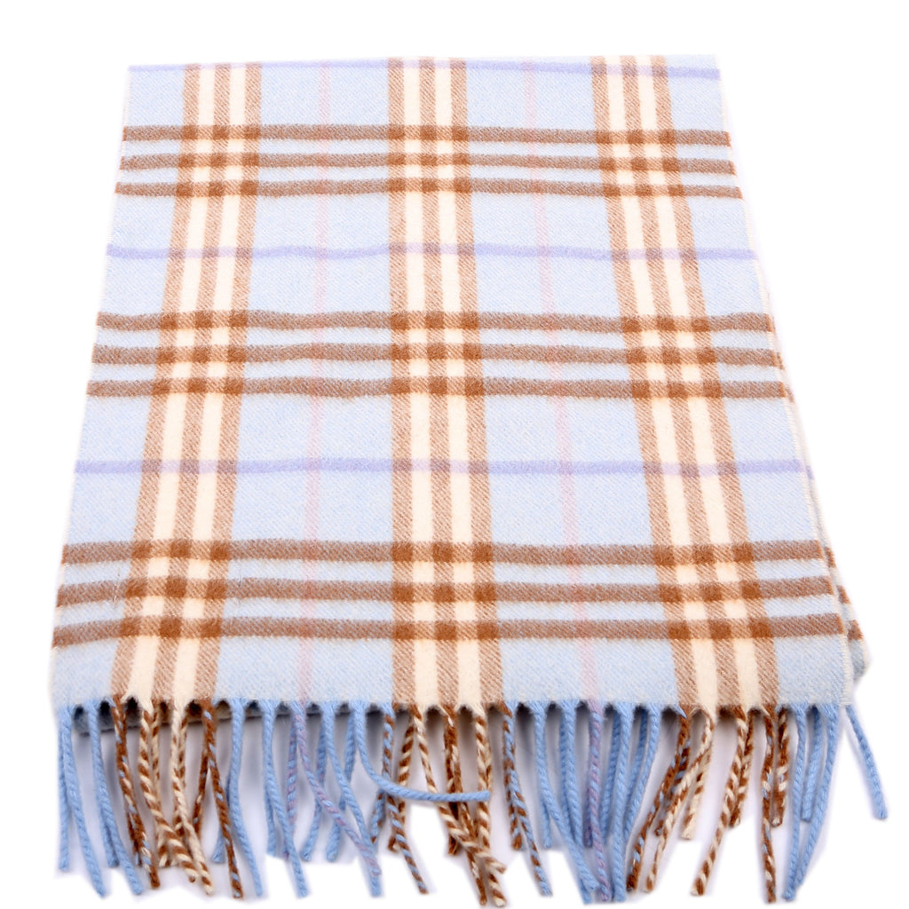 Check Fringe Cashmere Scarf Blue/Tan