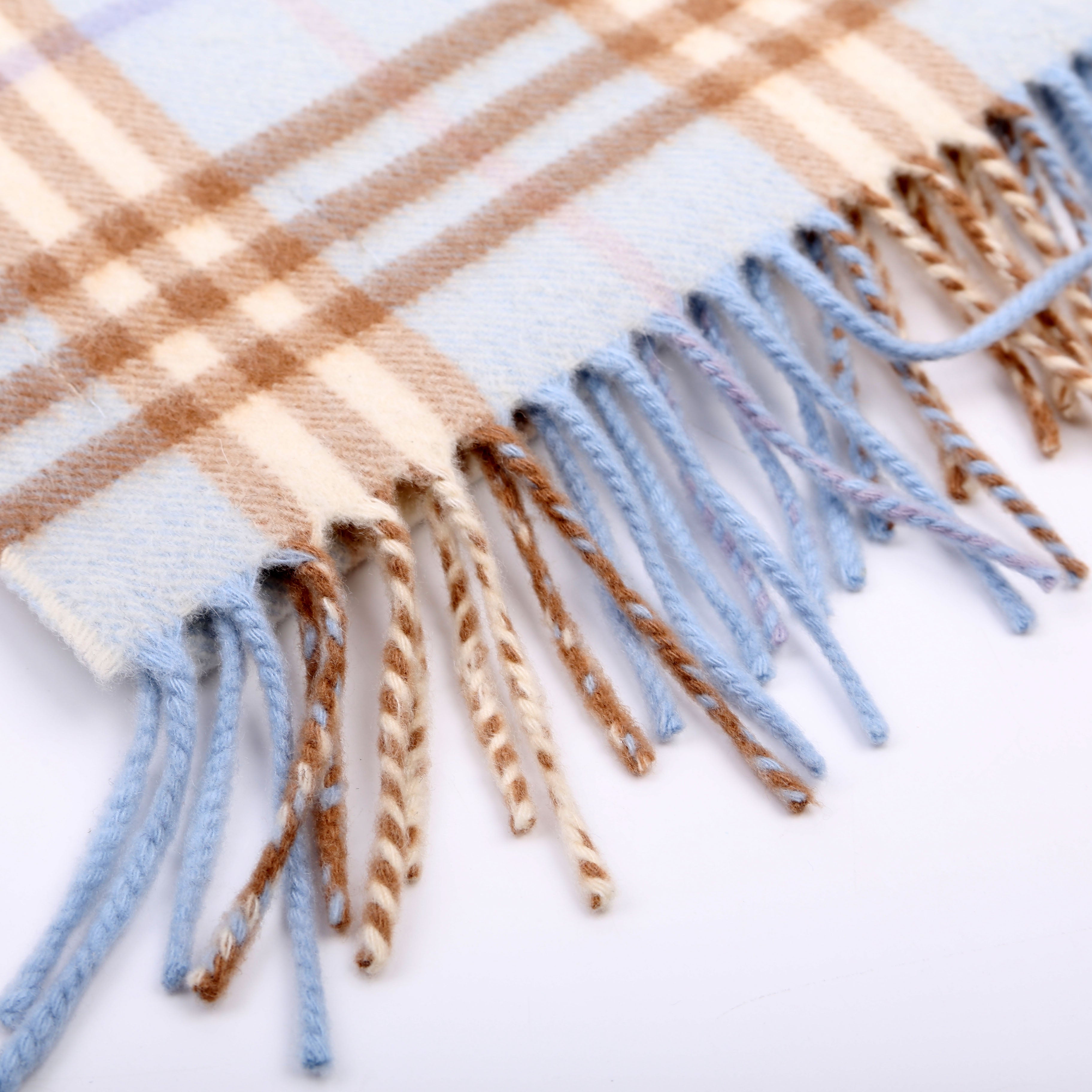 Check Fringe Cashmere Scarf Blue/Tan