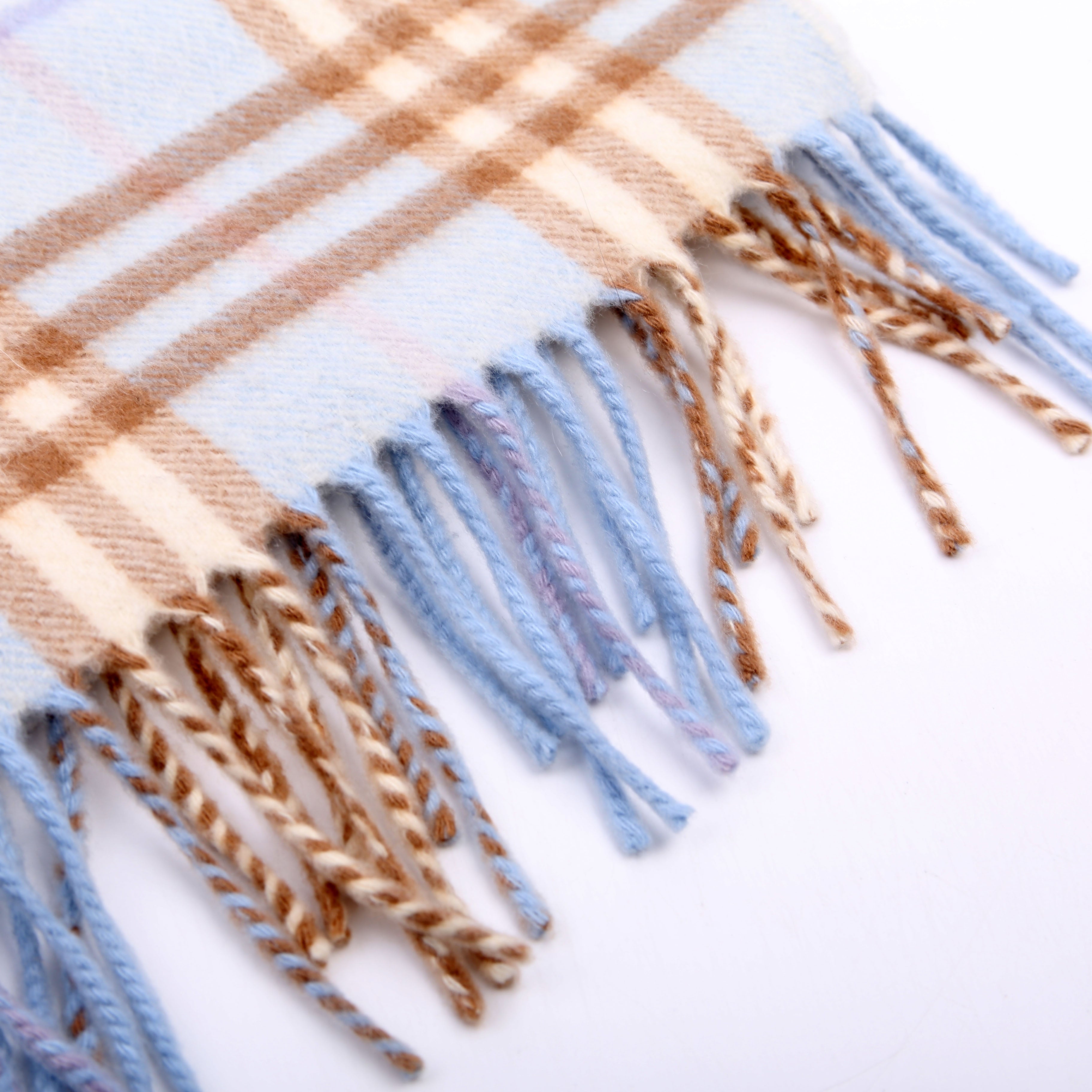 Check Fringe Cashmere Scarf Blue/Tan