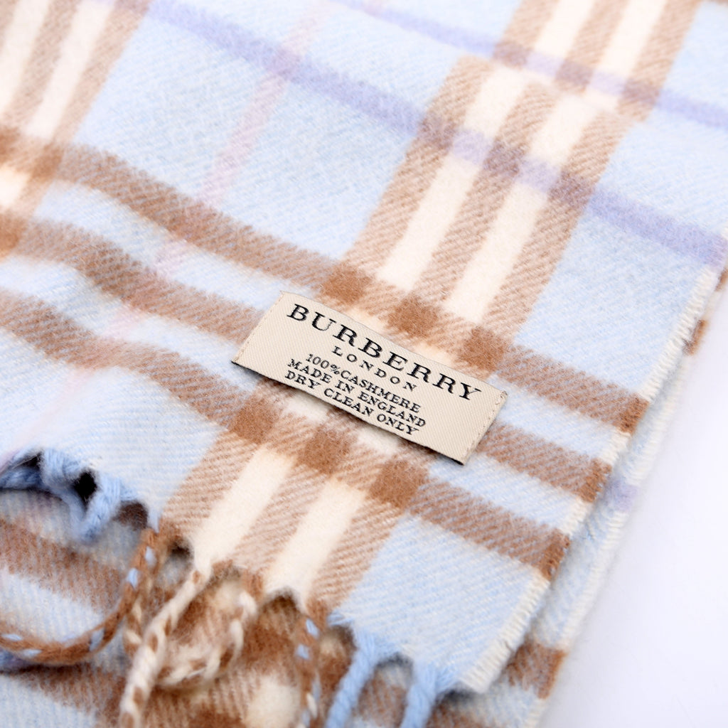 Check Fringe Cashmere Scarf Blue/Tan