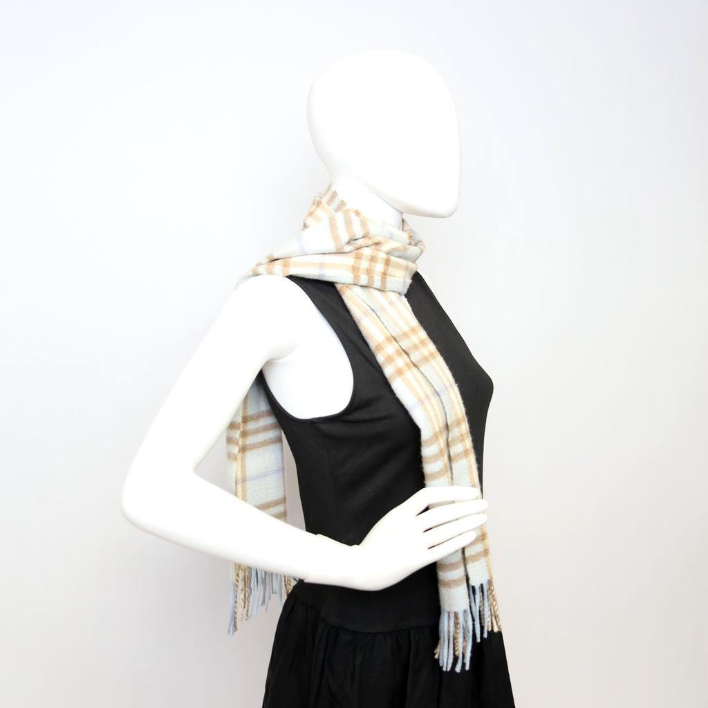 Check Fringe Cashmere Scarf Blue/Tan