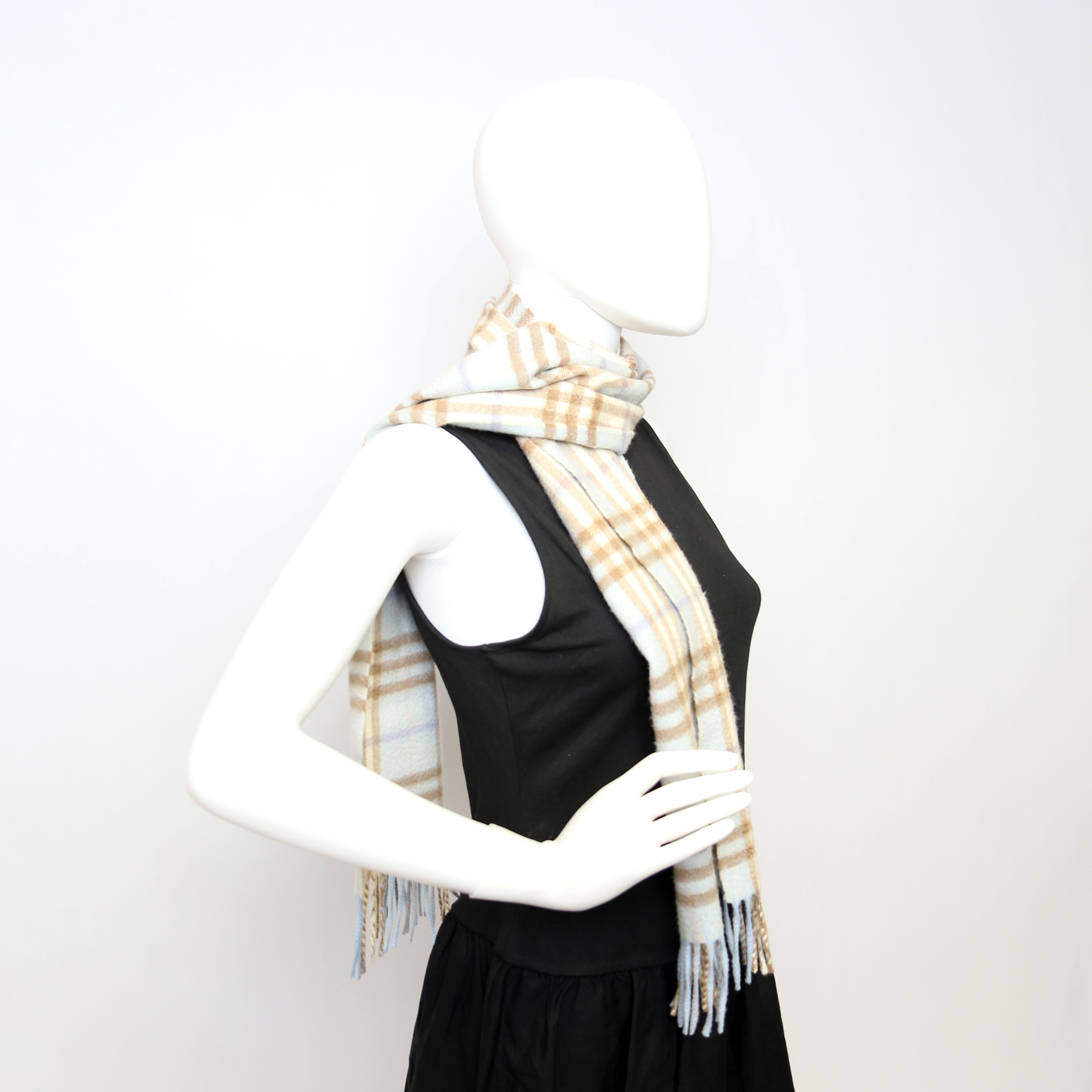 Check Fringe Cashmere Scarf Blue/Tan