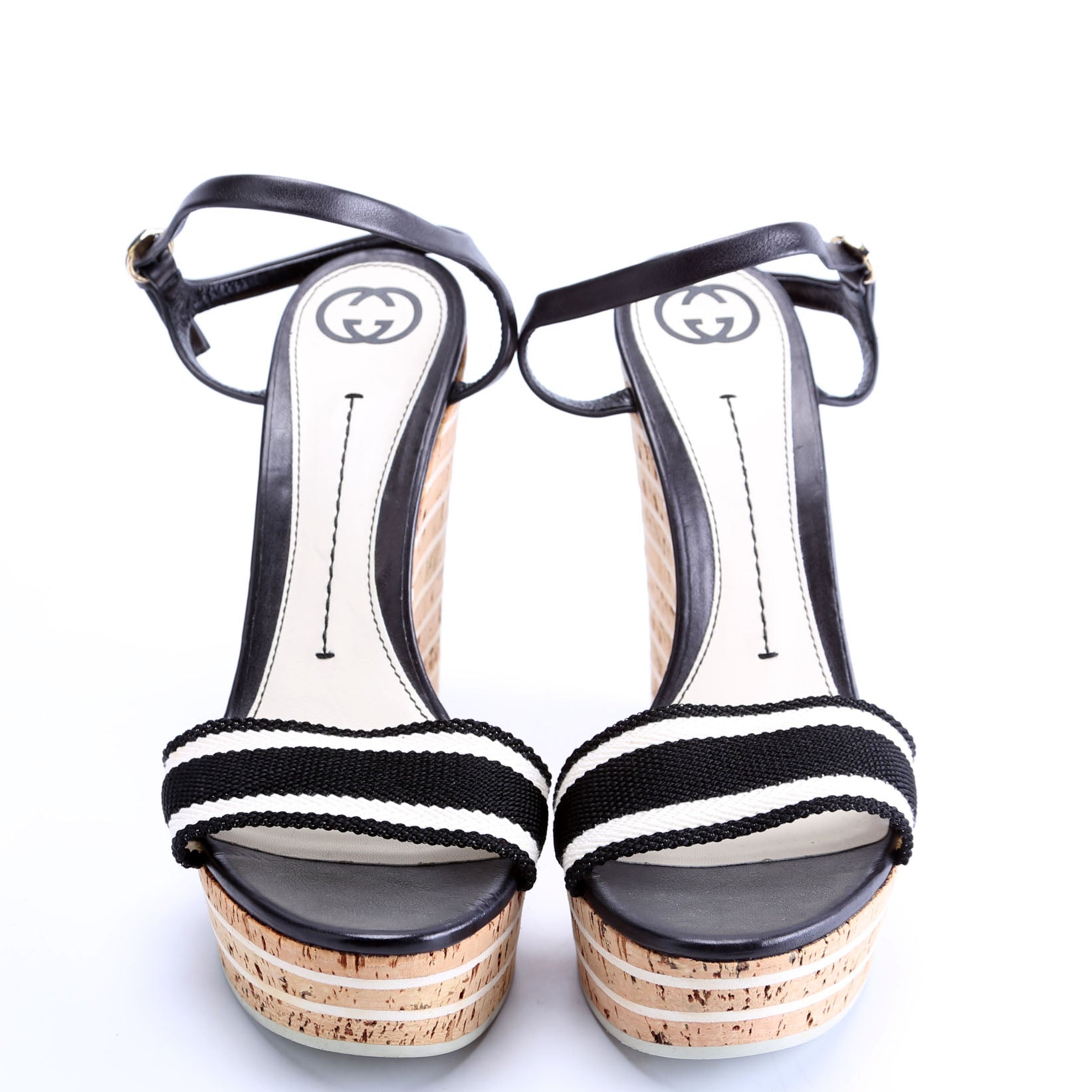 Striped Angle Strap Wedges Size 41 Black/White