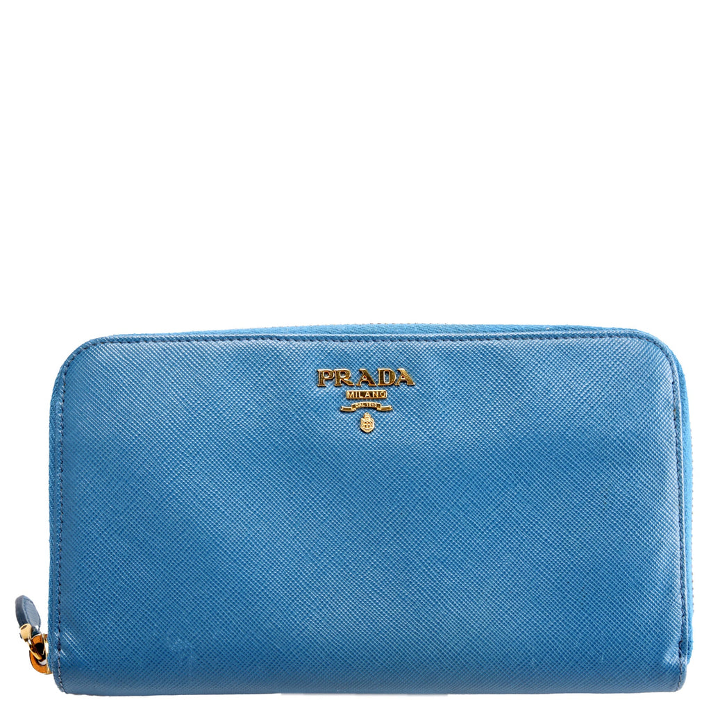 Prada Saffiano Zip Around Wallet Blue
