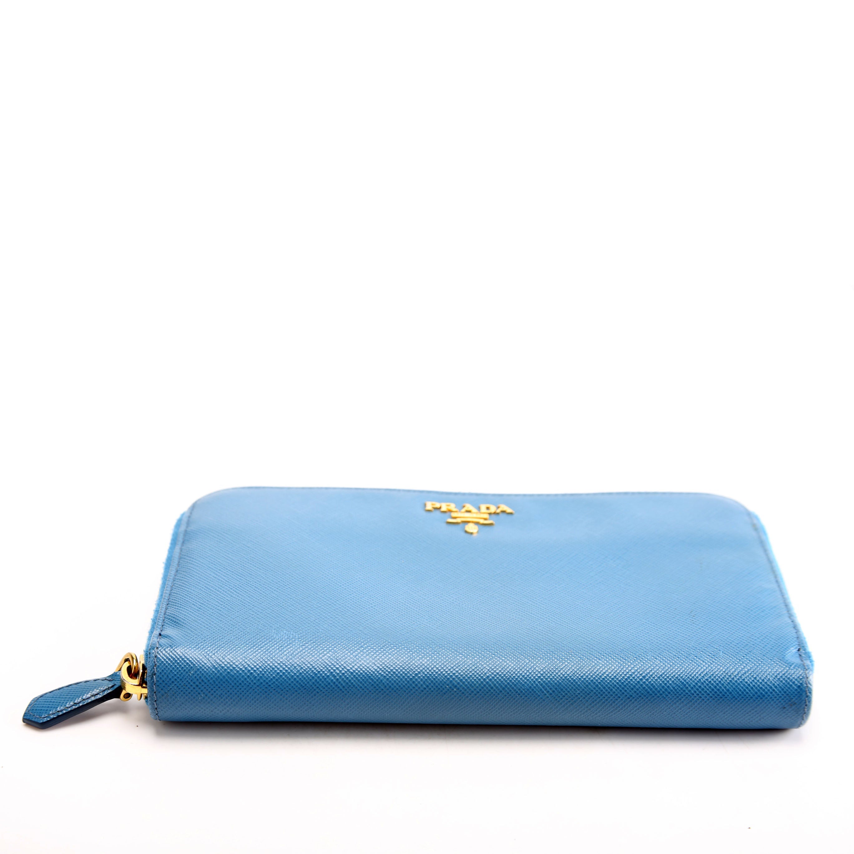 Prada Saffiano Zip Around Wallet Blue