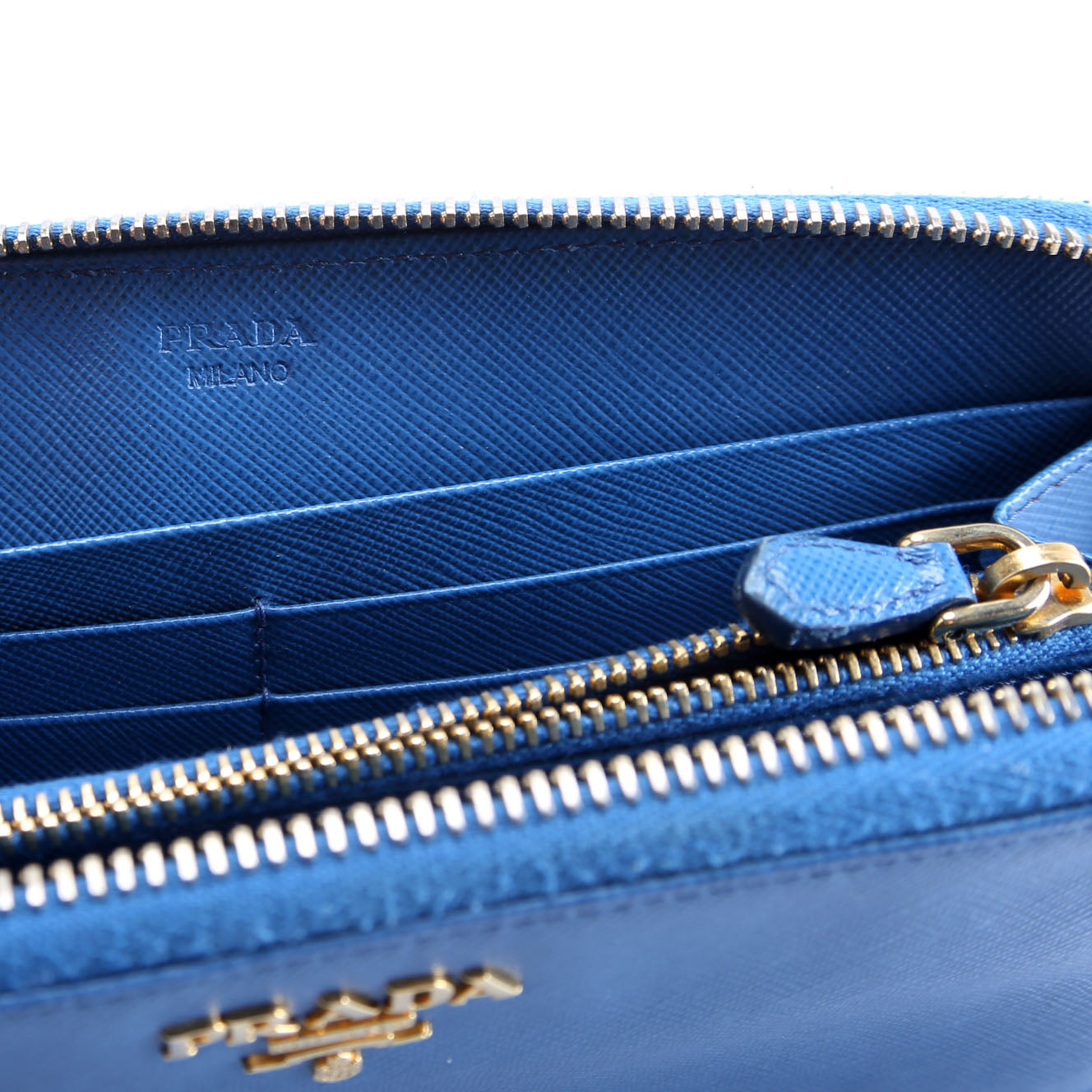 Prada Saffiano Zip Around Wallet Blue