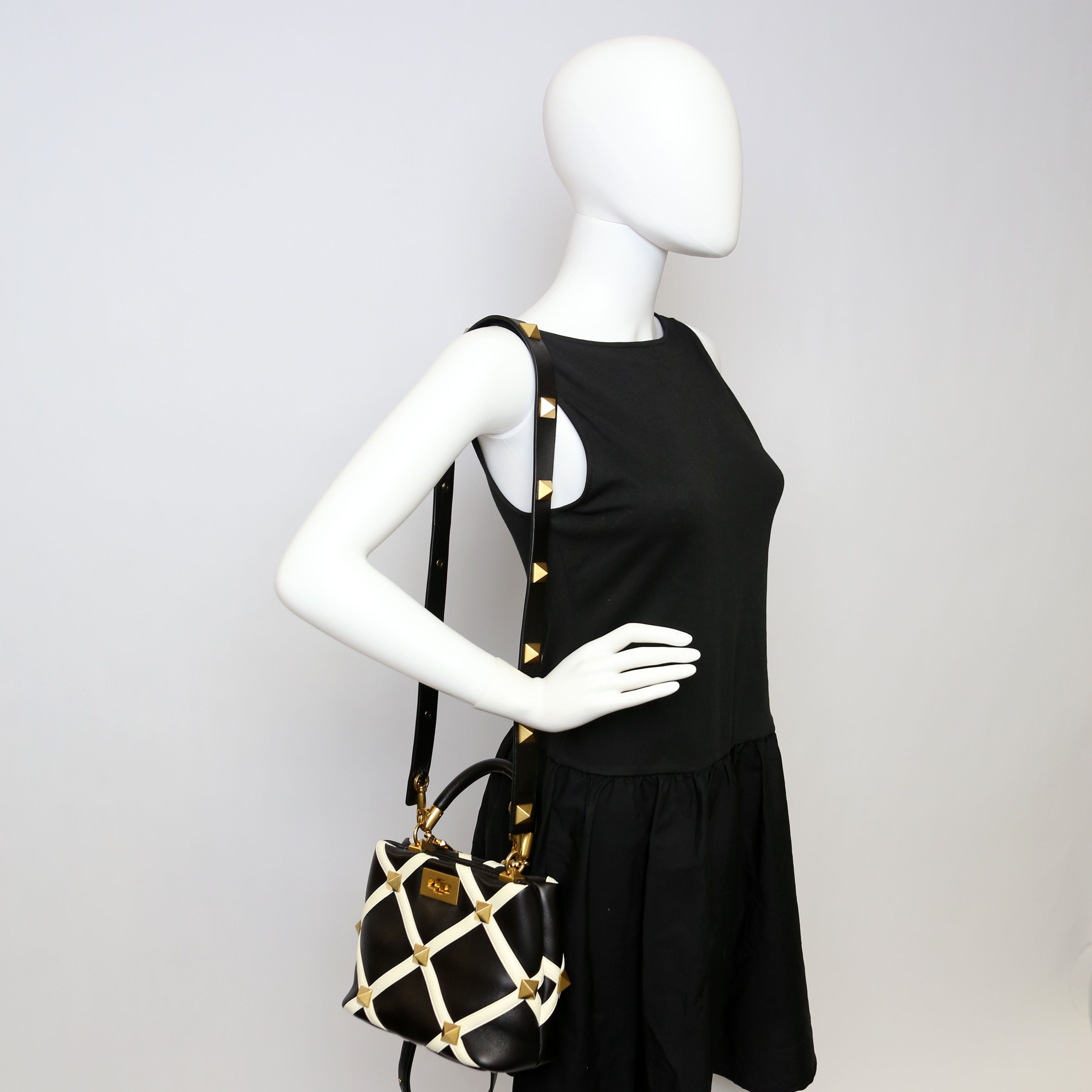 Roman Stud Top Handle Small Black/White