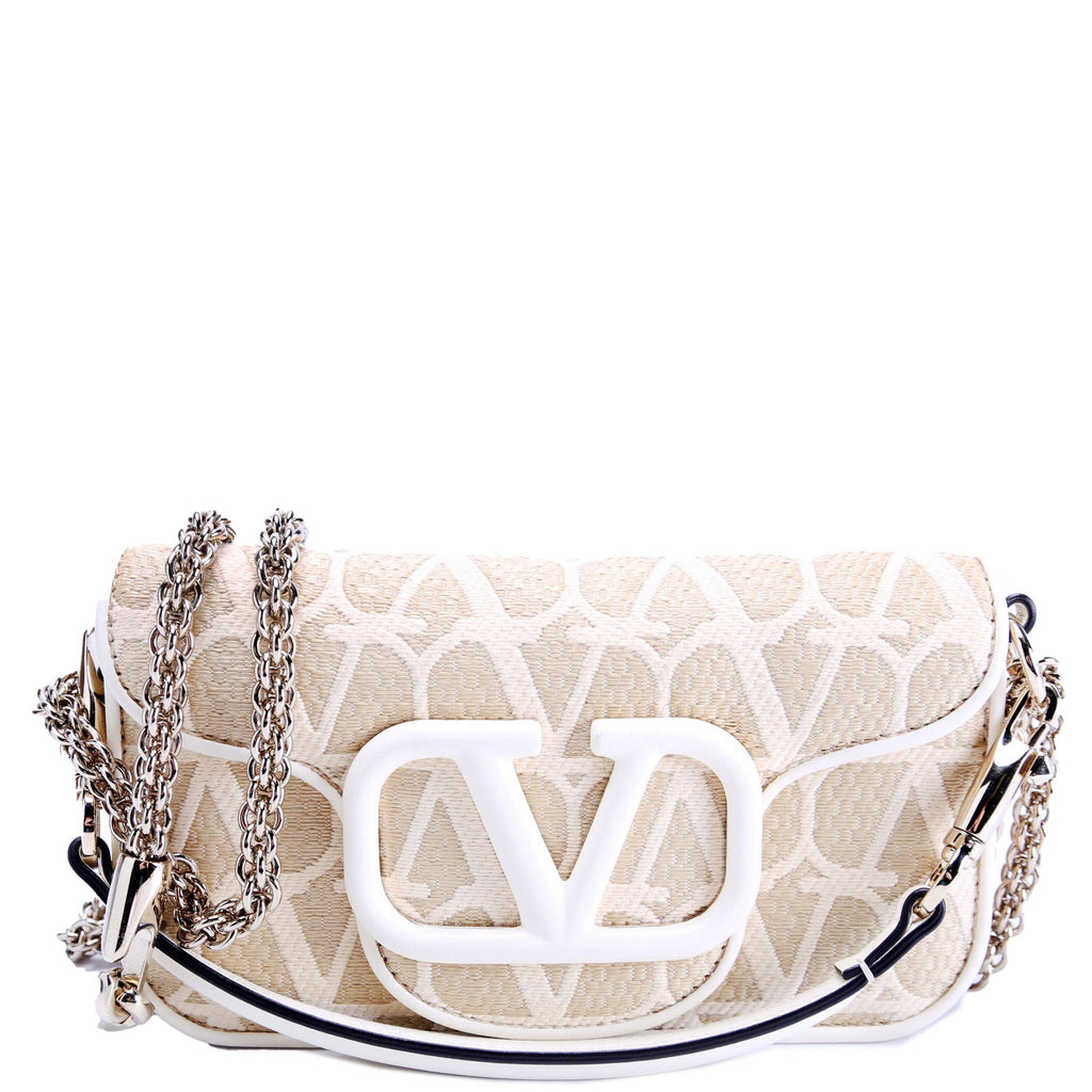 V Logo Small Loco Raffia Shoulder Bag Beige/White