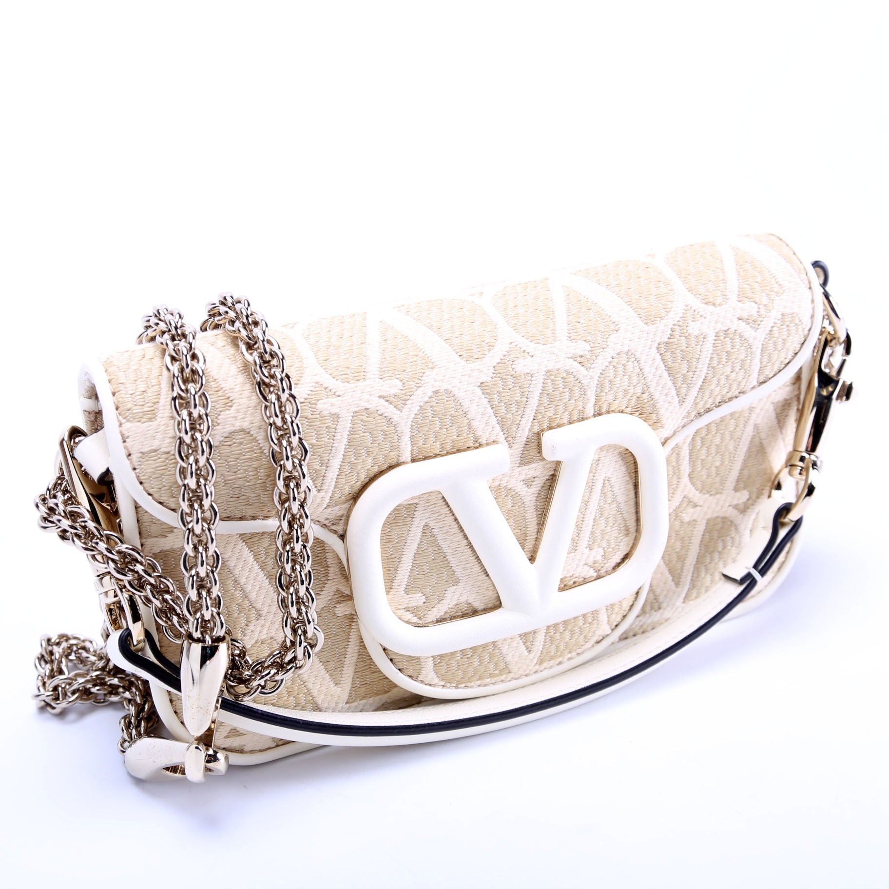 V Logo Small Loco Raffia Shoulder Bag Beige/White