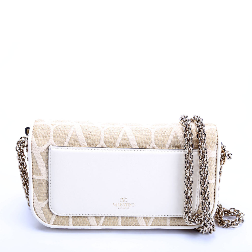 V Logo Small Loco Raffia Shoulder Bag Beige/White