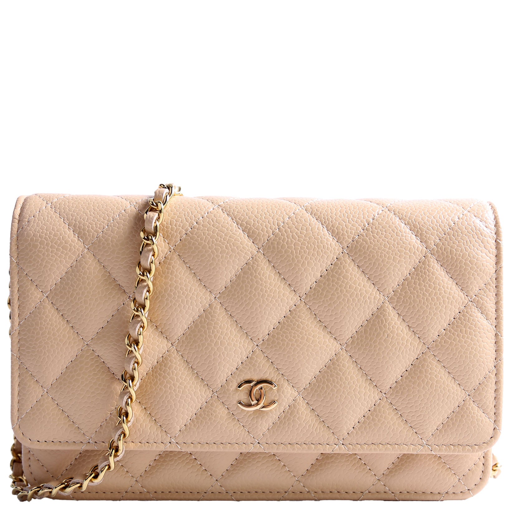 Wallet On Chain Classic Quilted Caviar RFID Biege