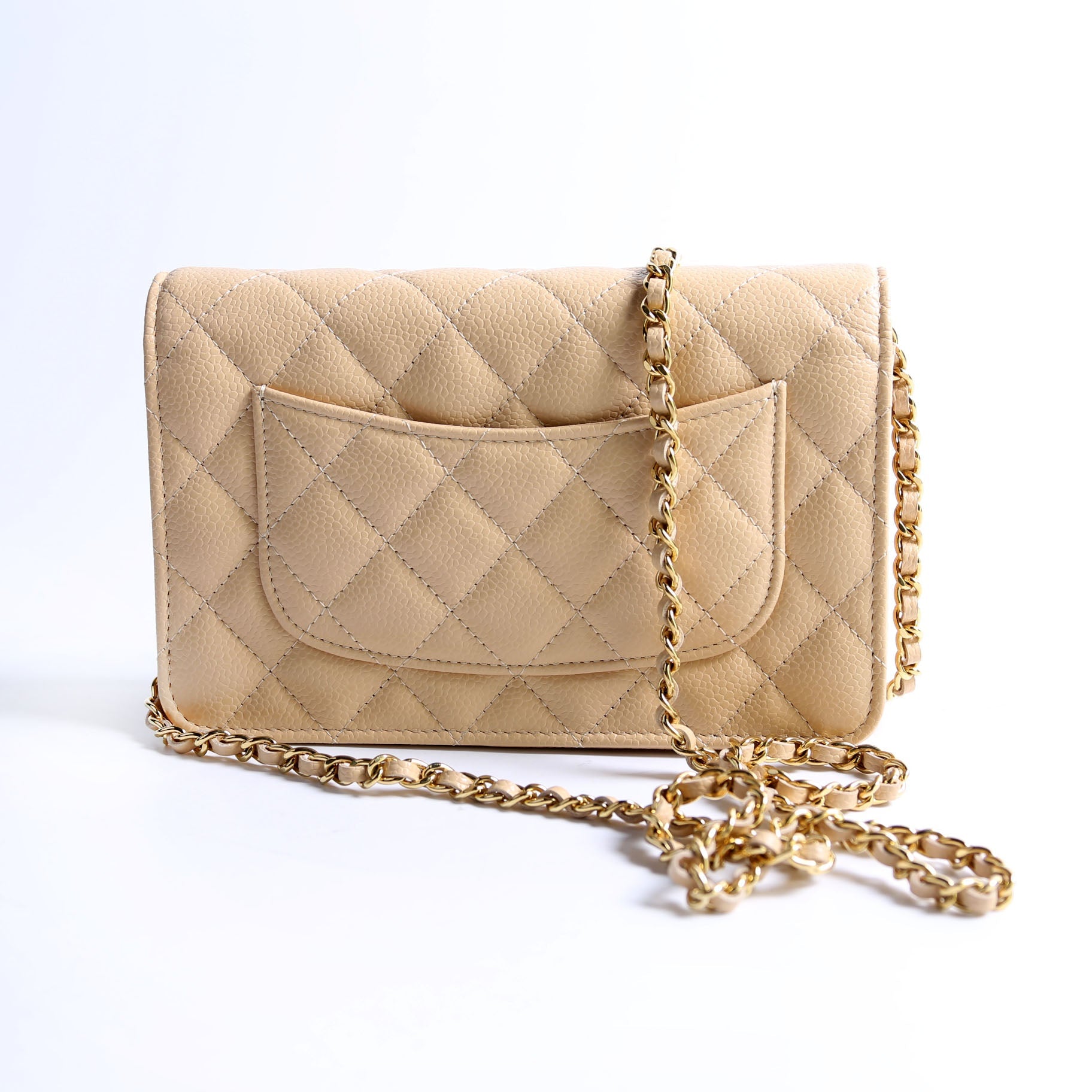 Wallet On Chain Classic Quilted Caviar RFID Biege