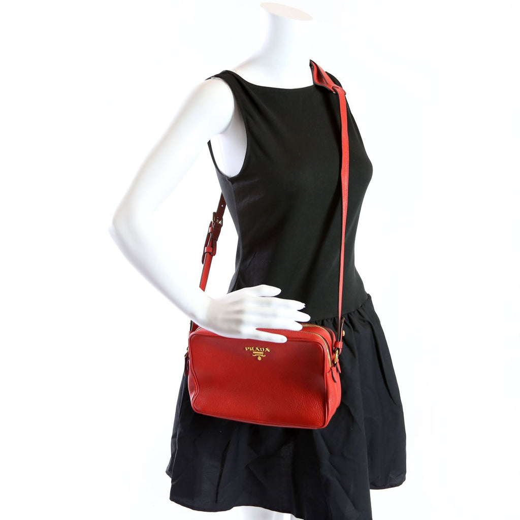 Vitello Daino Double Zip Camera Bag Red/Gold