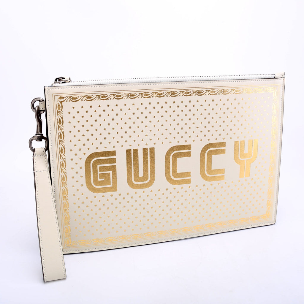 Gucci 510489 X Sega Guccy Stars Calfskin Wristlet Pouch White/Gold
