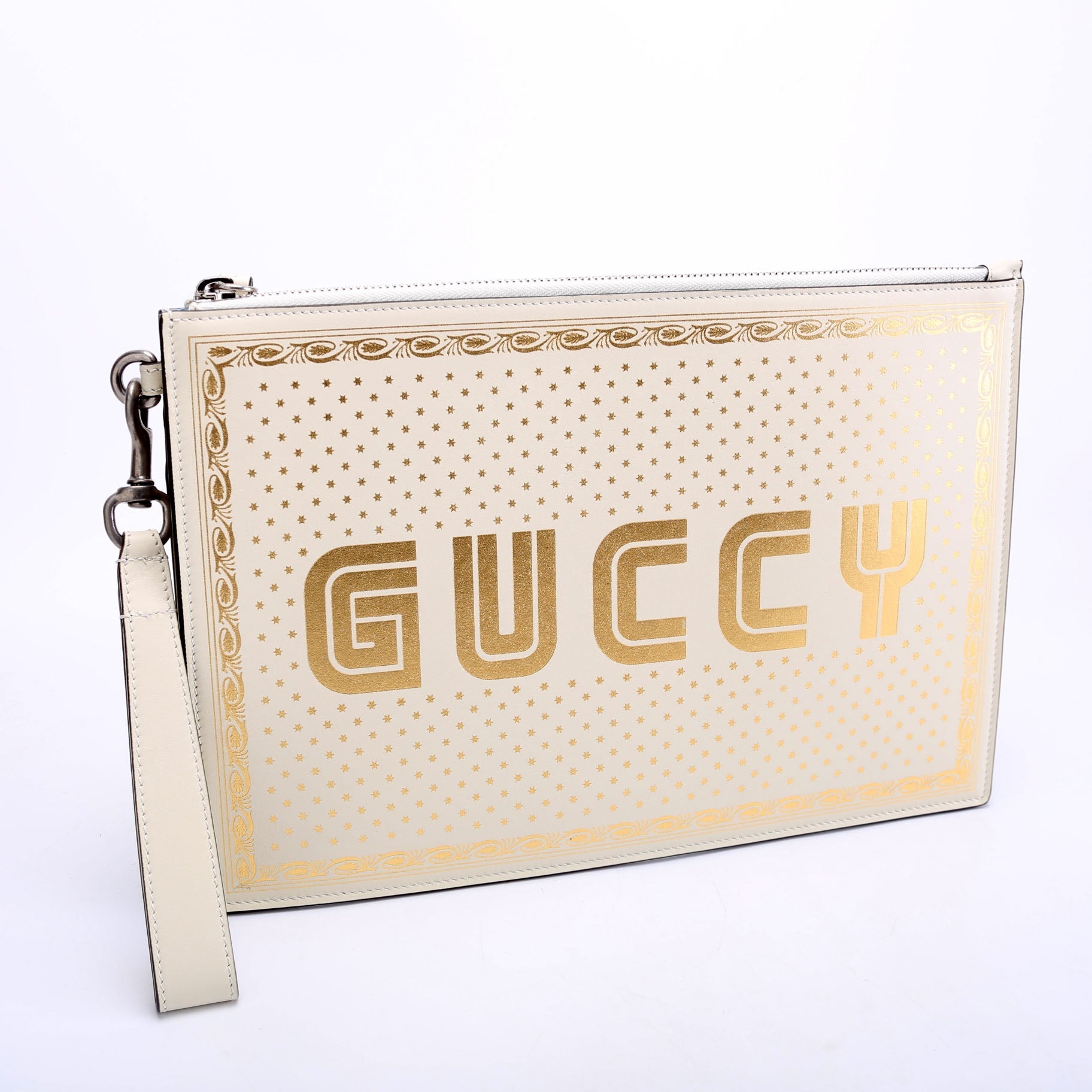 Gucci 510489 X Sega Guccy Stars Calfskin Wristlet Pouch White/Gold