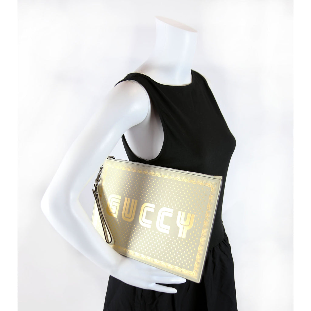 Gucci 510489 X Sega Guccy Stars Calfskin Wristlet Pouch White/Gold