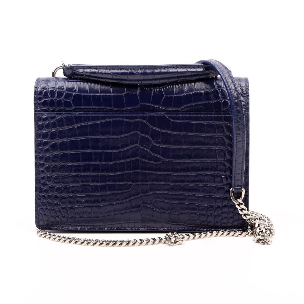 533026 Sunset Chain Wallet Crocodile Leather Blue