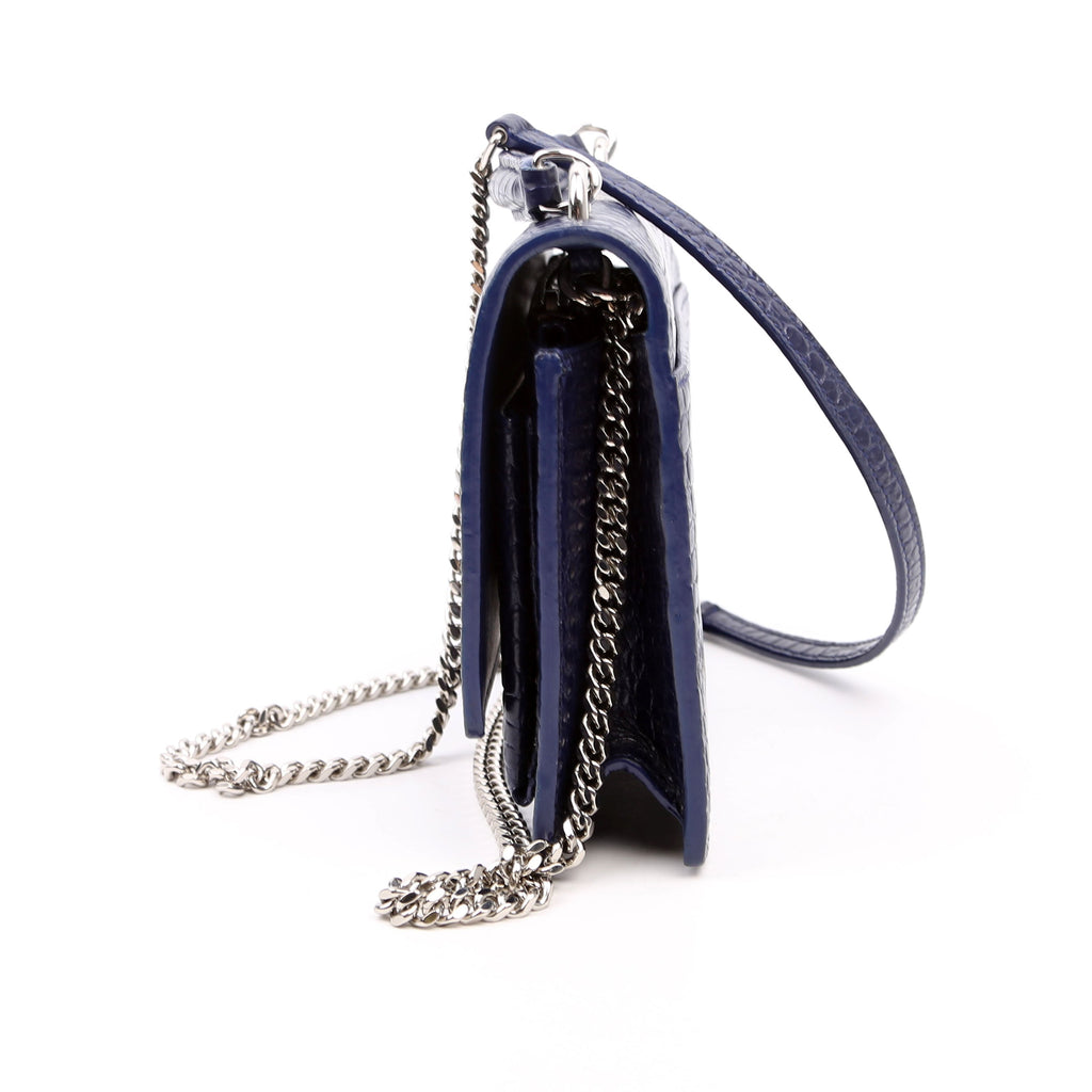 533026 Sunset Chain Wallet Crocodile Leather Blue