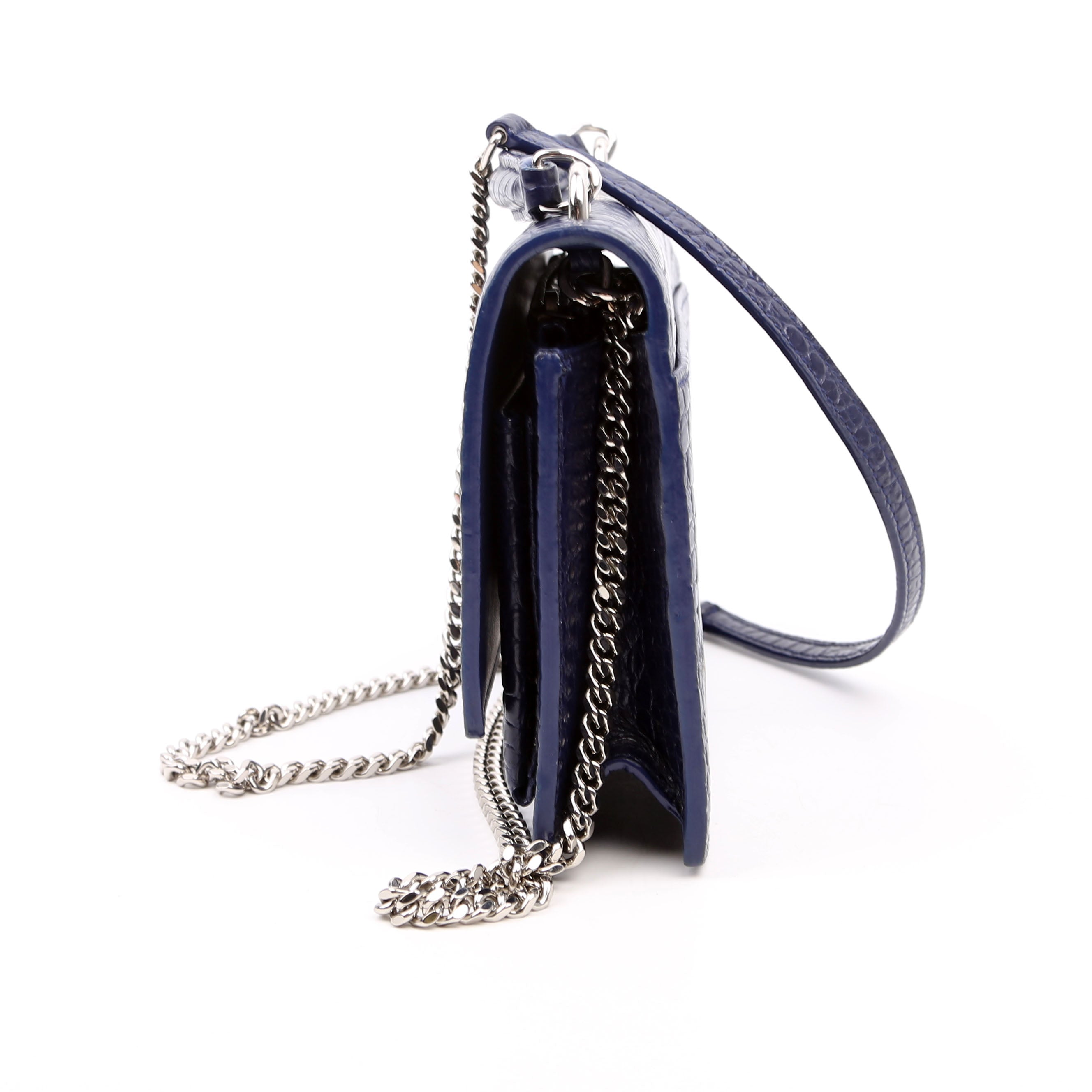 533026 Sunset Chain Wallet Crocodile Leather Blue