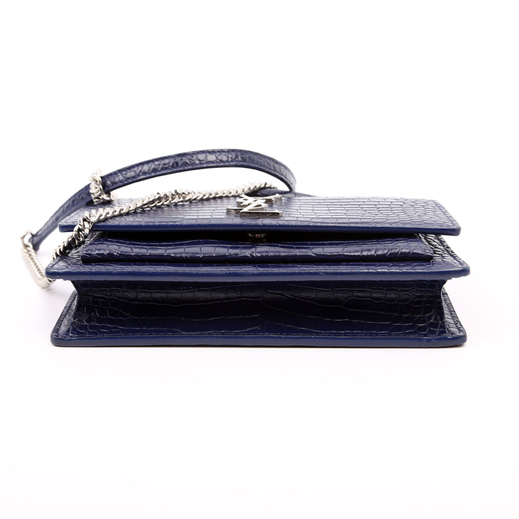 533026 Sunset Chain Wallet Crocodile Leather Blue
