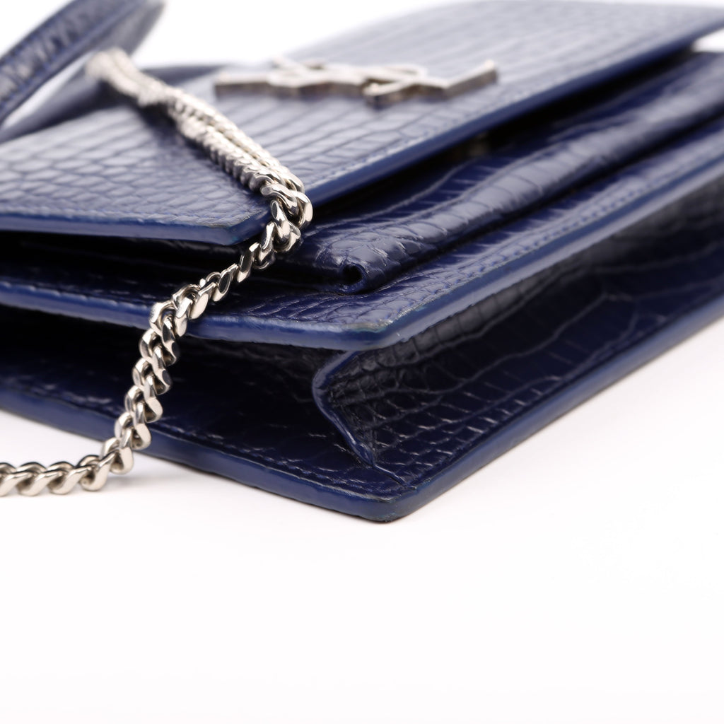 533026 Sunset Chain Wallet Crocodile Leather Blue