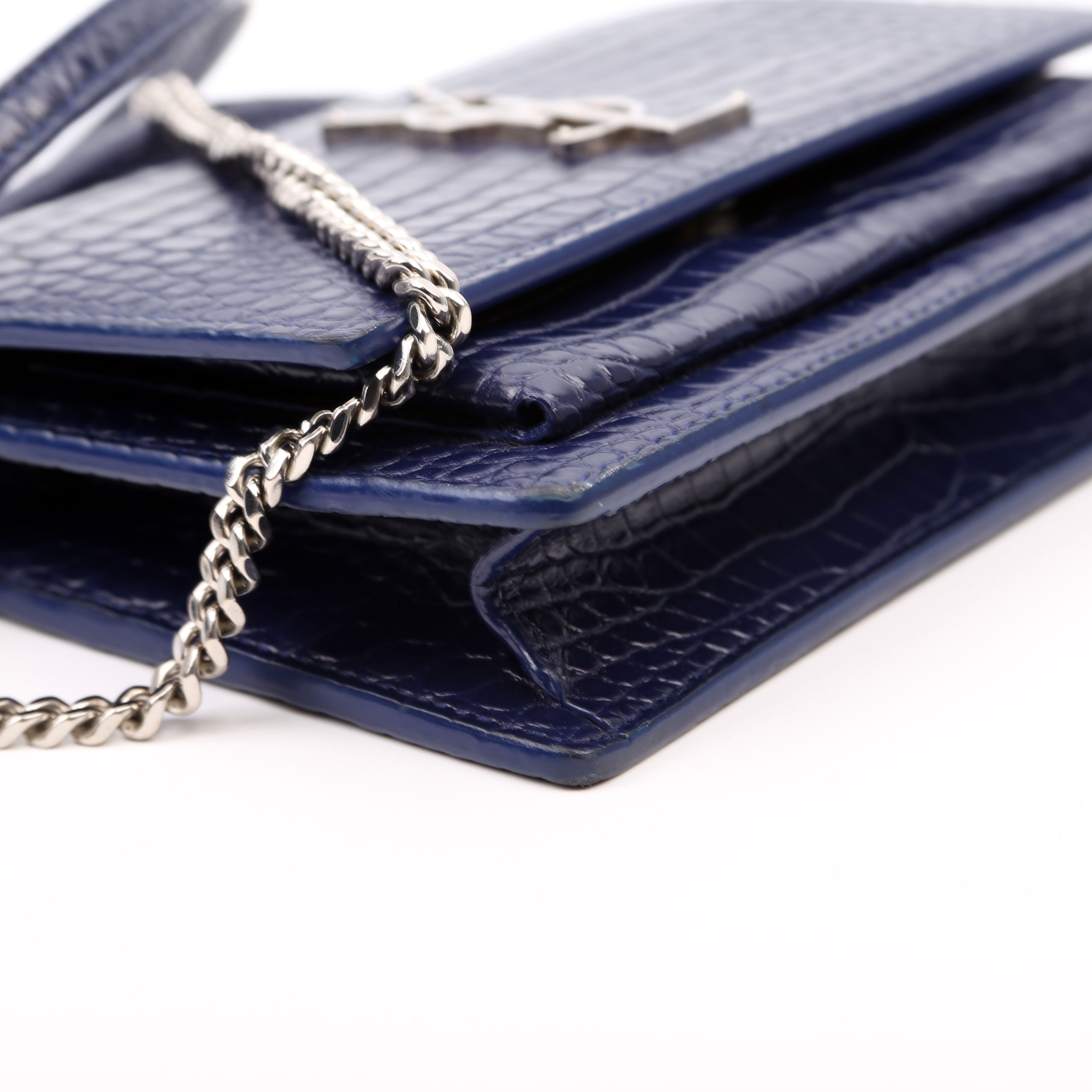 533026 Sunset Chain Wallet Crocodile Leather Blue