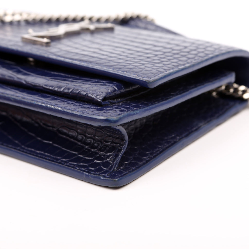 533026 Sunset Chain Wallet Crocodile Leather Blue