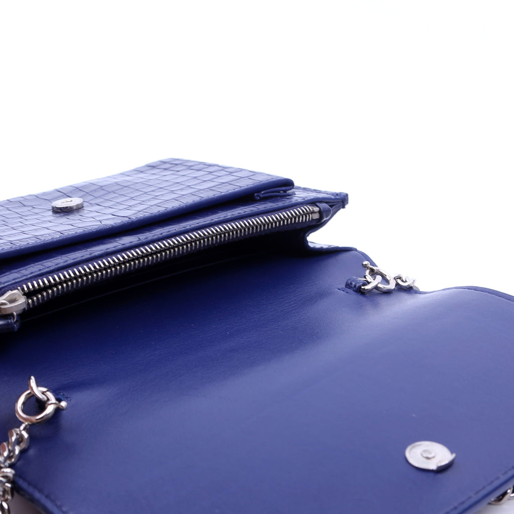 533026 Sunset Chain Wallet Crocodile Leather Blue