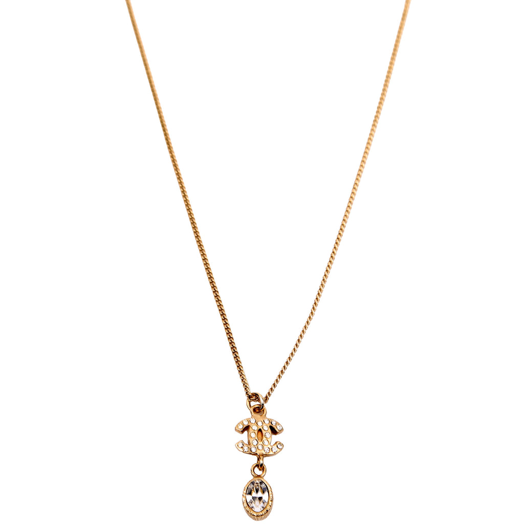 CC Rhinestone Drop Pendant Necklace Gold