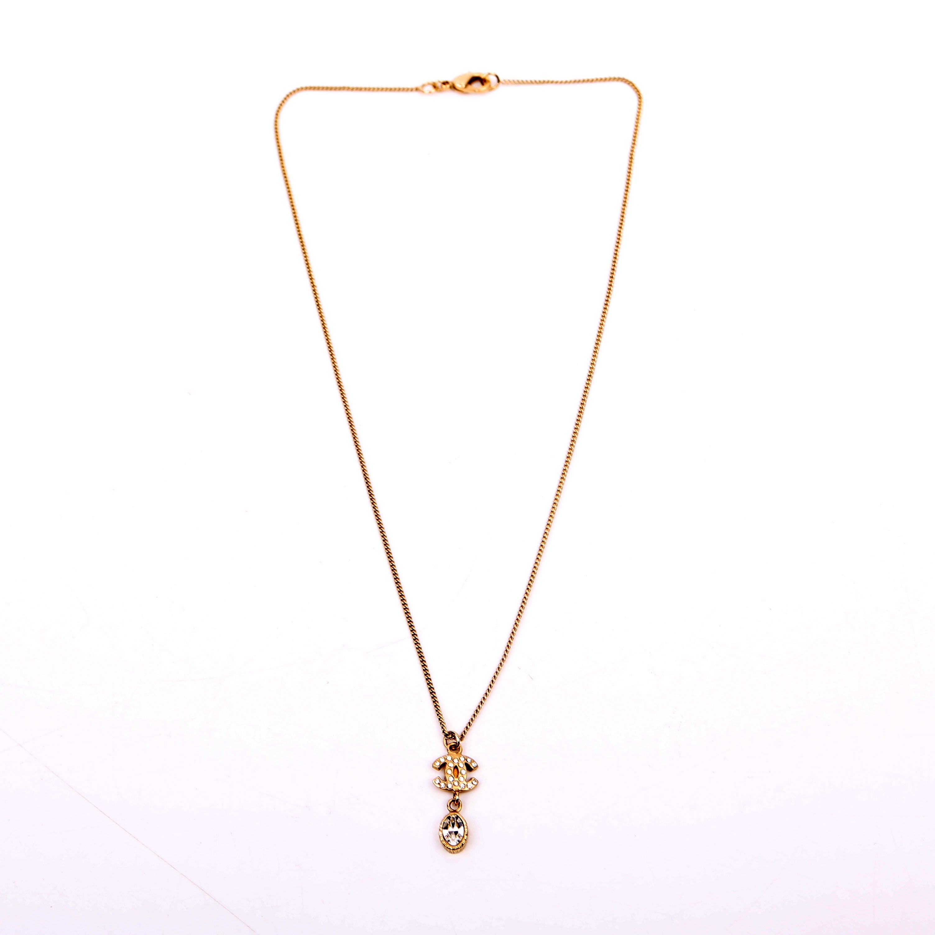 CC Rhinestone Drop Pendant Necklace Gold