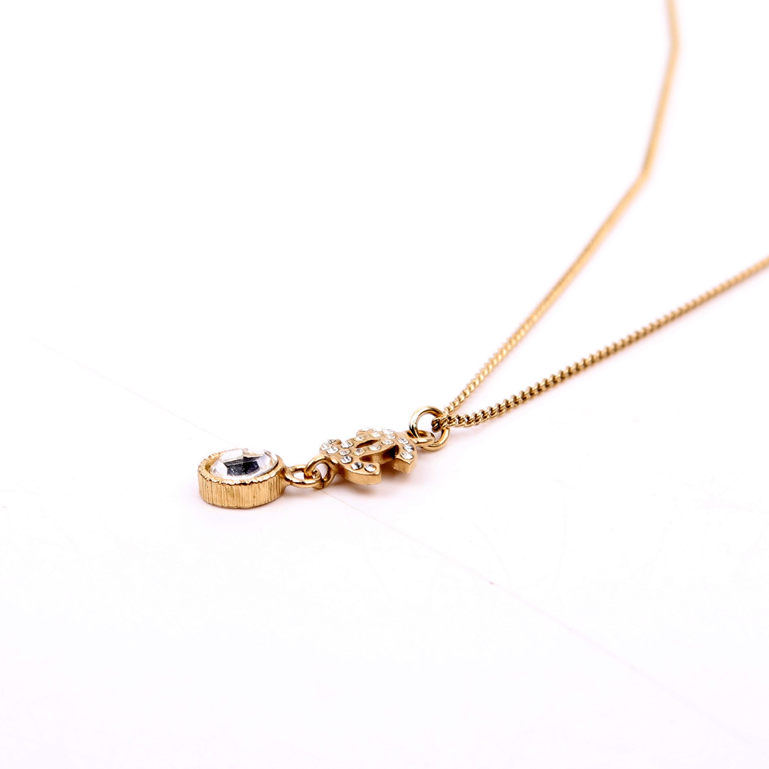 CC Rhinestone Drop Pendant Necklace Gold