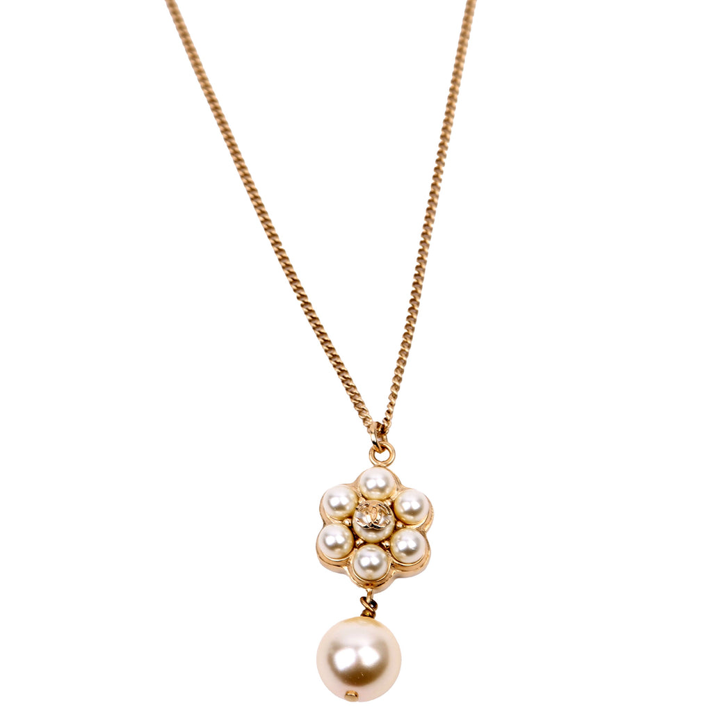 CC Flower Faux Pearl Drop Pendant Necklace Gold