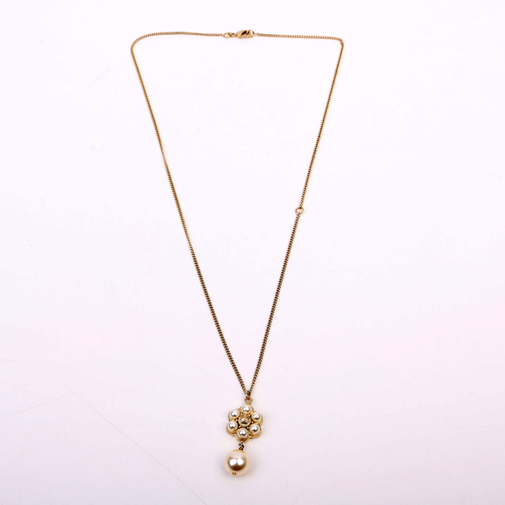 CC Flower Faux Pearl Drop Pendant Necklace Gold