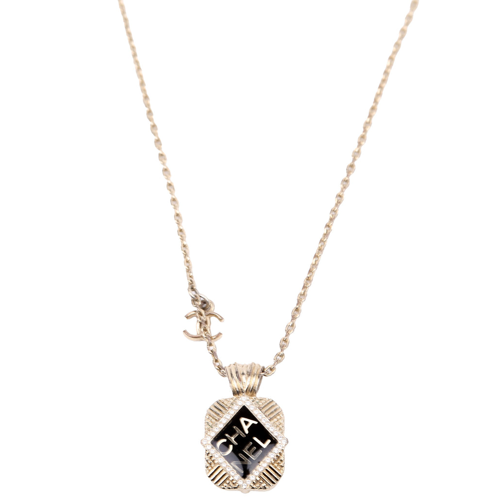 Square Crystal Resin Logo Pendant Necklace Gold
