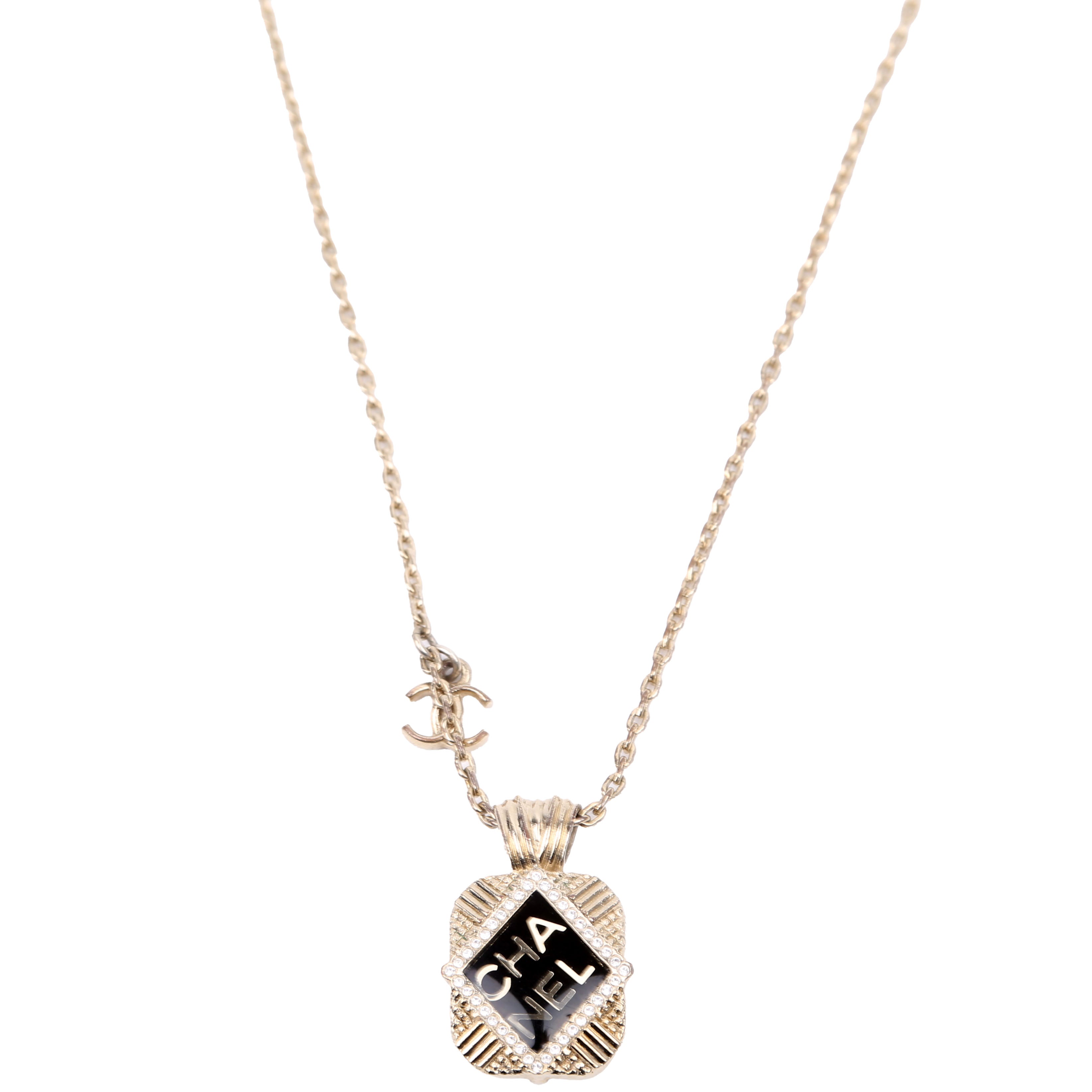 Square Crystal Resin Logo Pendant Necklace Gold