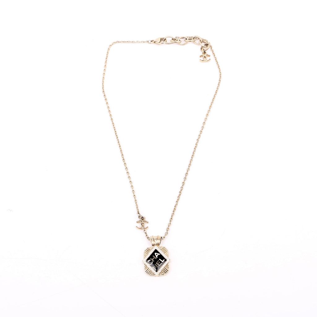 Square Crystal Resin Logo Pendant Necklace Gold