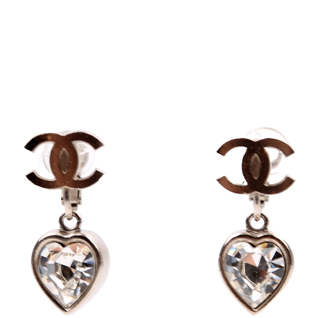 CC Heart Rhinestone Drop Clip On Earrings Silver