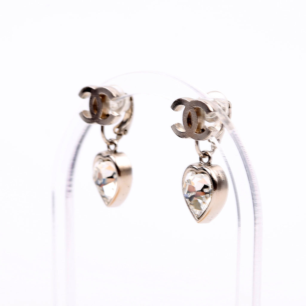 CC Heart Rhinestone Drop Clip On Earrings Silver
