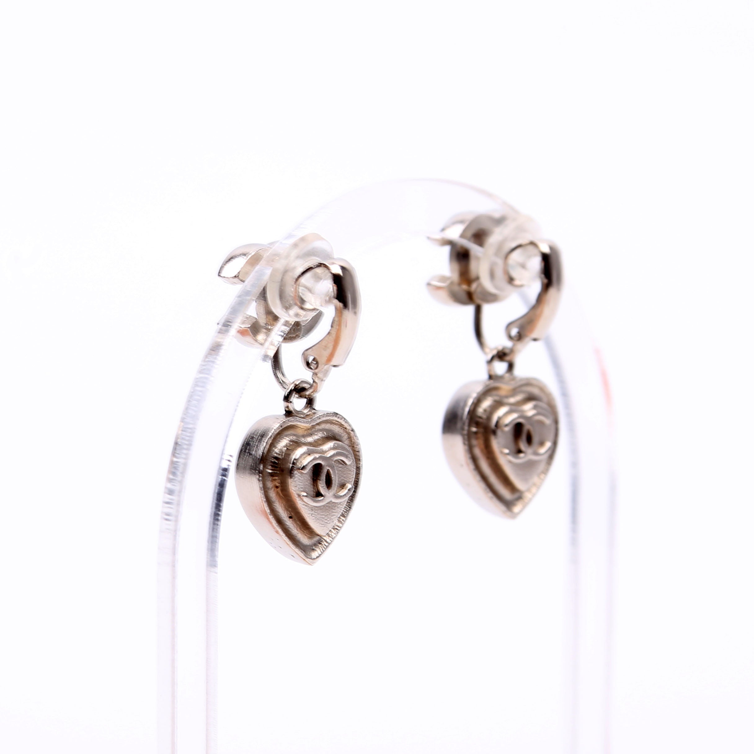 CC Heart Rhinestone Drop Clip On Earrings Silver