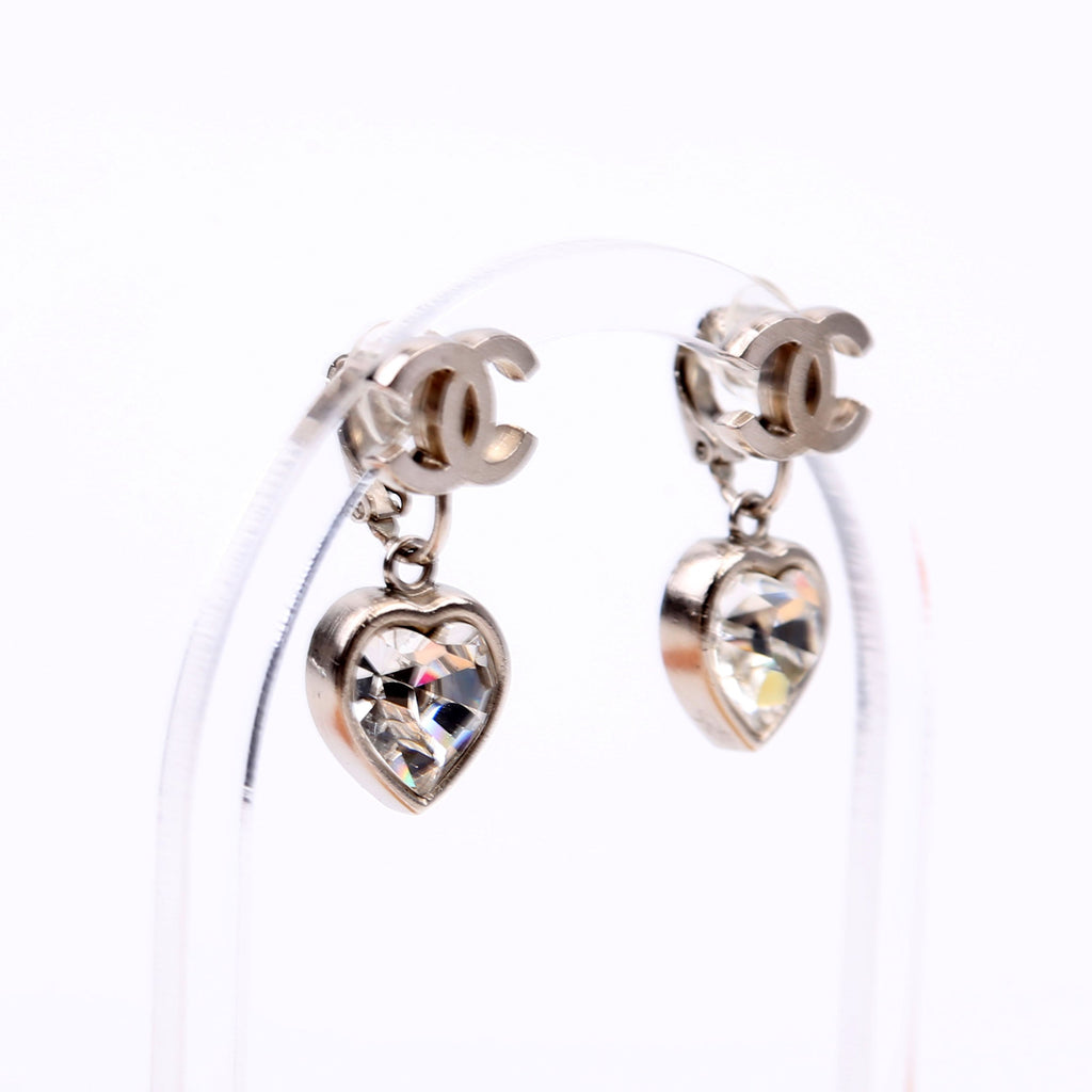 CC Heart Rhinestone Drop Clip On Earrings Silver