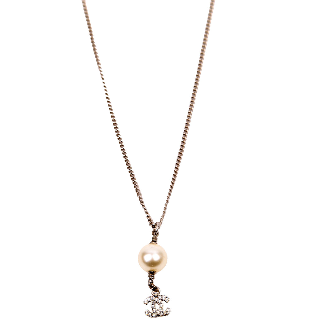 Pearl Drop CC Rhinestone Pendant Necklace Silver