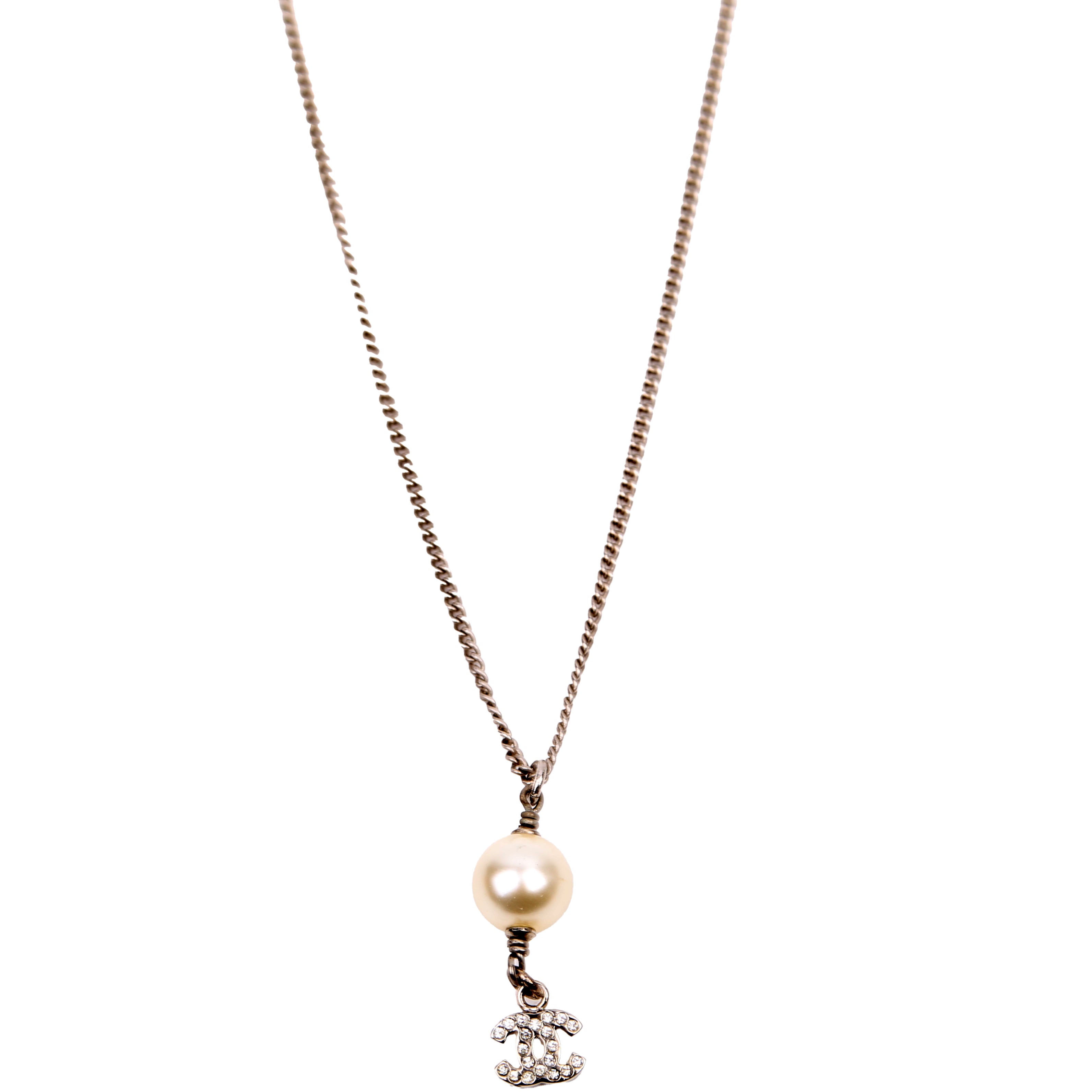 Pearl Drop CC Rhinestone Pendant Necklace Silver