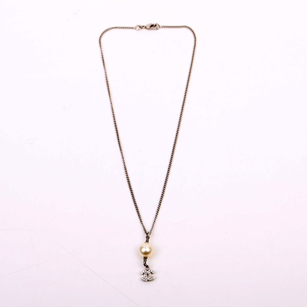 Pearl Drop CC Rhinestone Pendant Necklace Silver